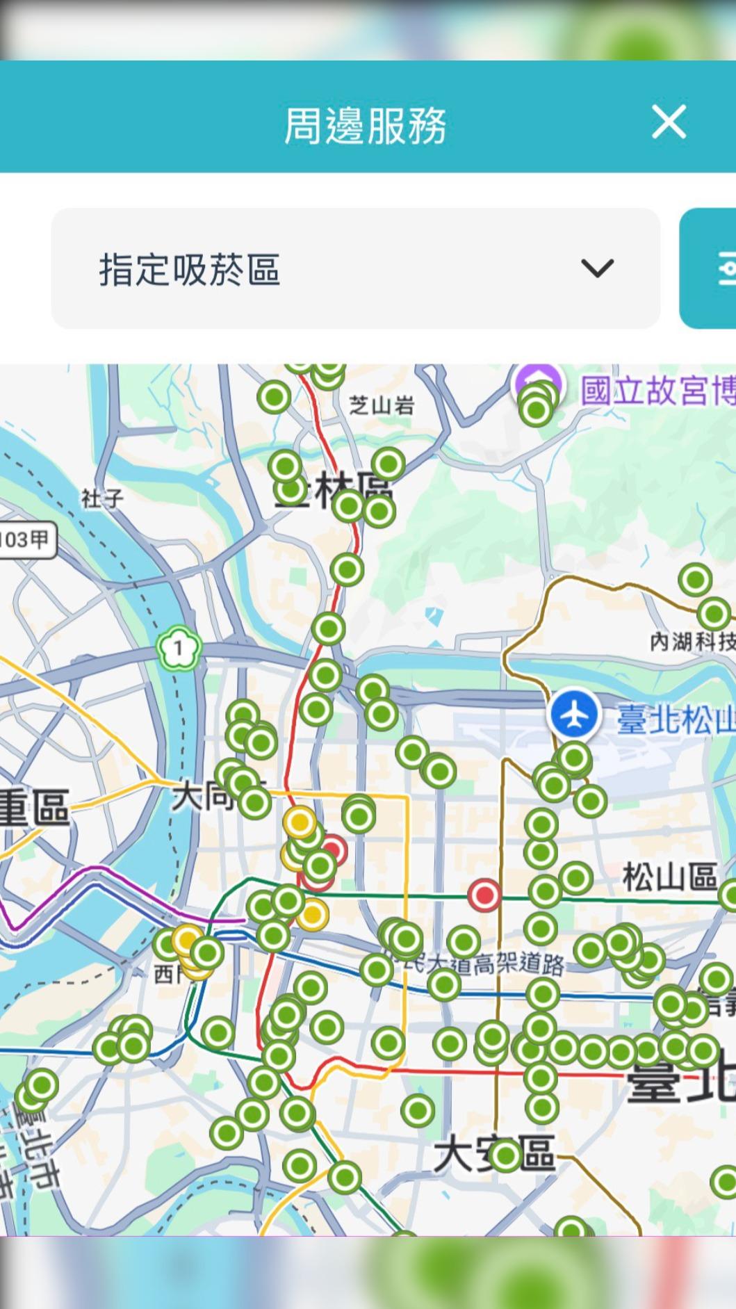 台北通APP建置公開的「指定吸菸區地圖」。(圖/翻攝台北通 APP)