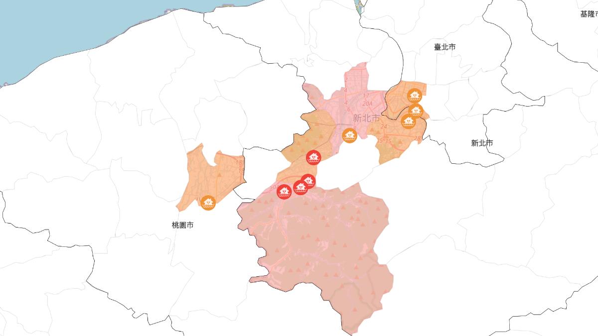 水利署發布的淹水範圍,包括新北市、台北市及桃園市。(圖/翻攝自水利署)