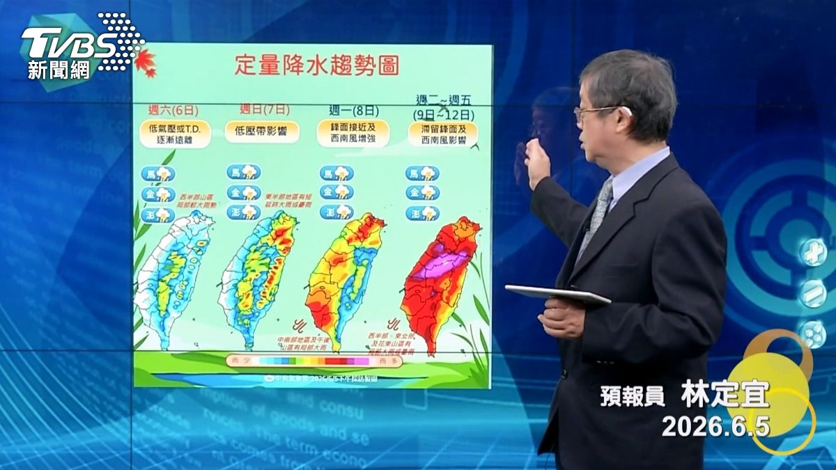 氣象預報員林定宜指出，因滯留鋒面的影響及西南風的作用，下週全台各地的天氣都相當不穩定。（圖／TVBS）