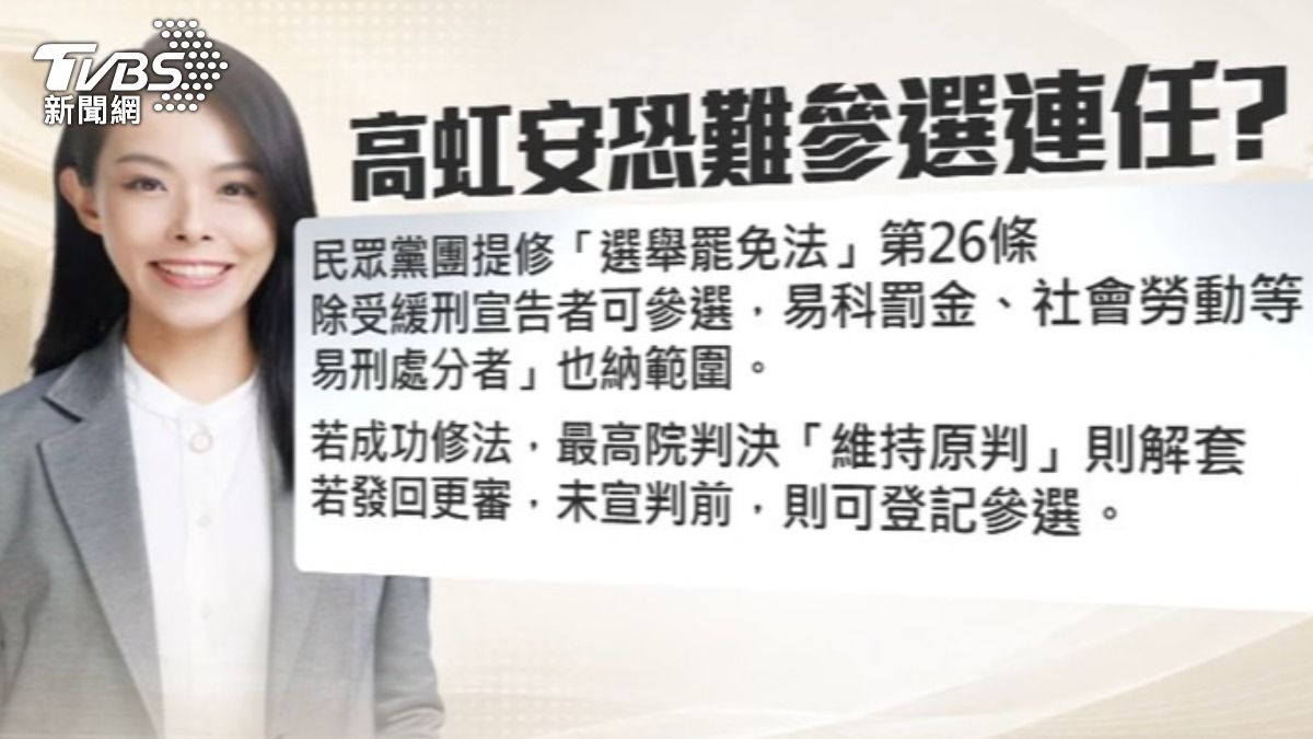 法律學者胡博硯分析,高虹安若想如期參選,現階段只能寄望選罷法第26條修法通過。(圖/TVBS)