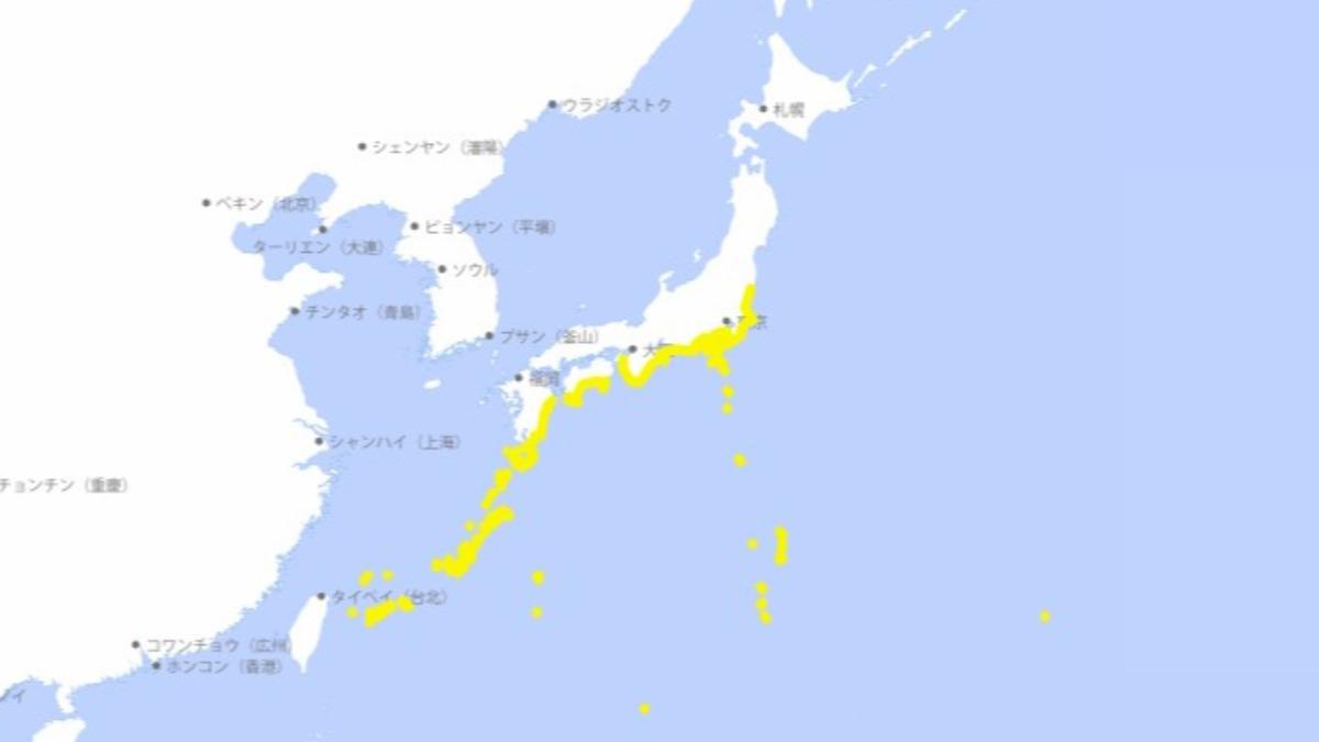 日本氣象廳8日上午對茨城縣至沖繩縣的沿海地帶發布「海嘯注意報」。(圖/翻攝自日本氣象廳)