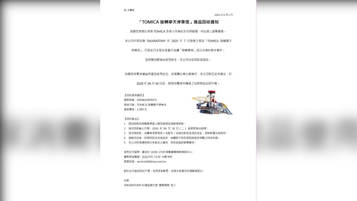 多美小汽車商品回收通知。(圖/官方FB)