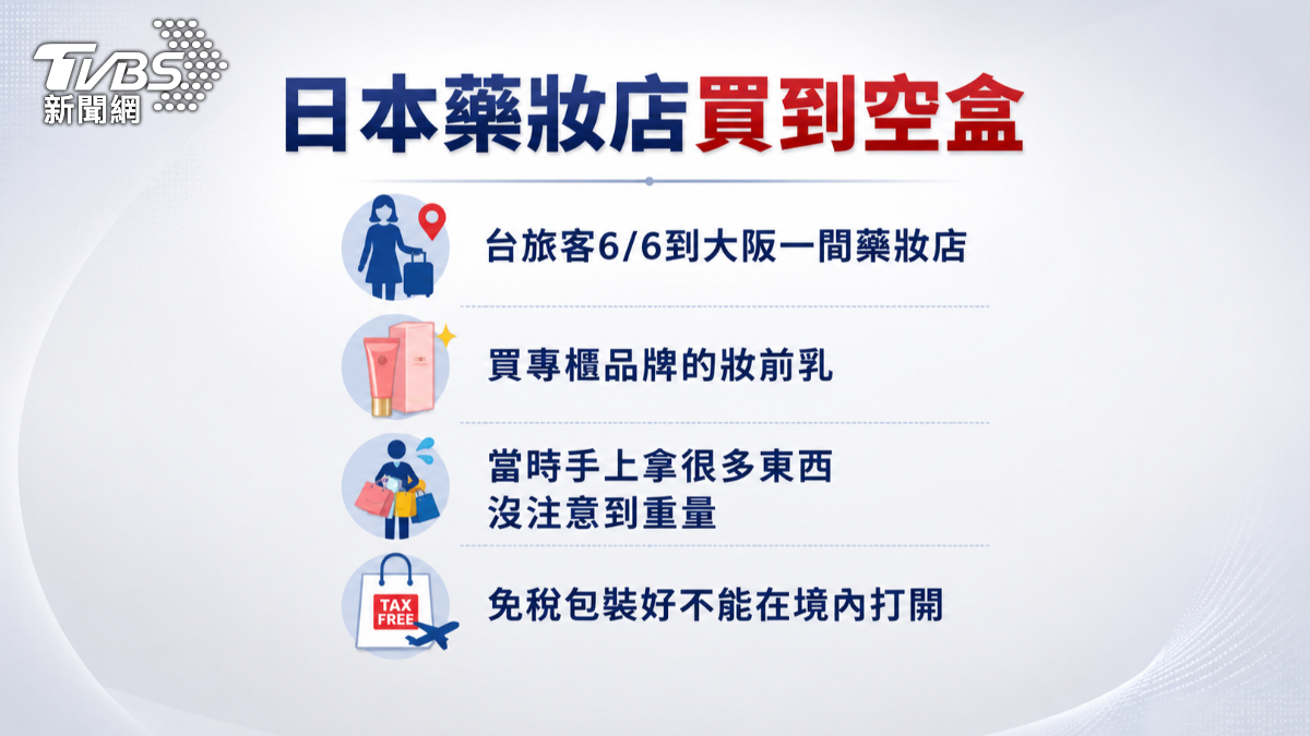 有一名台灣旅客，日前在大阪的藥妝店購買專櫃品牌妝前乳。（圖／TVBS）