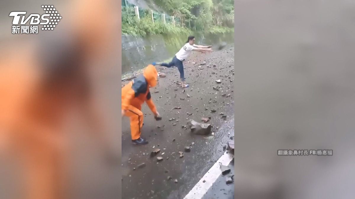 鋒面雨彈狂炸!泰安落石阻路,台74砂石車「打水漂」 清境農場休園。(圖/民眾提供)