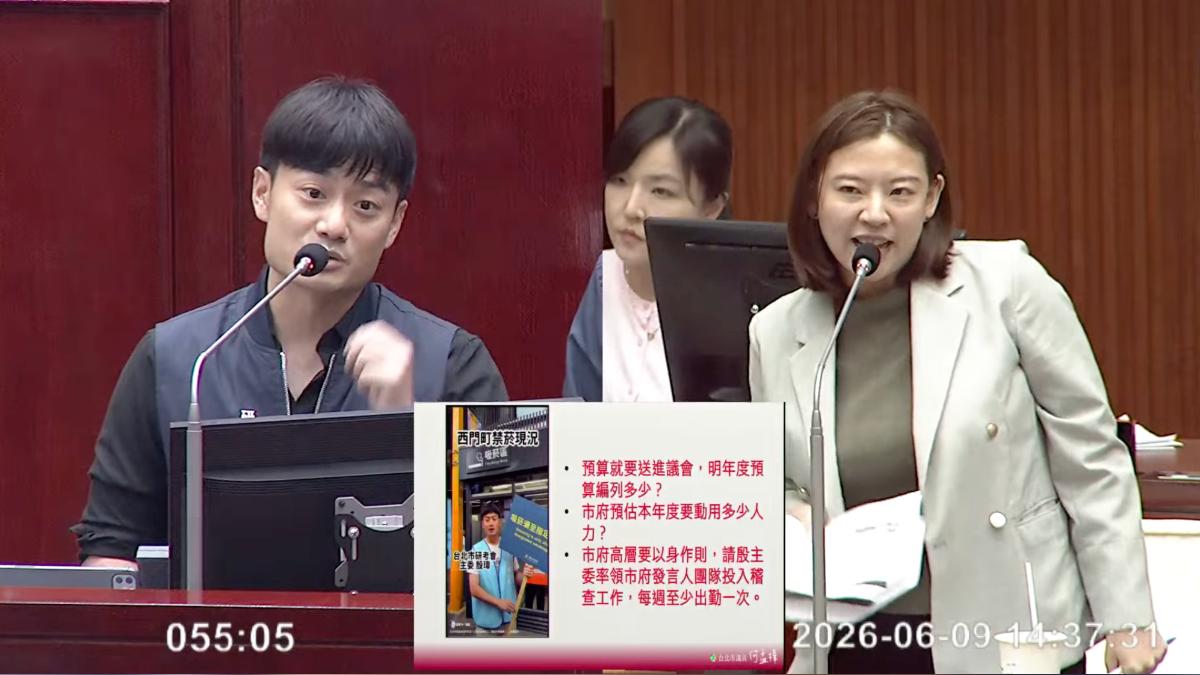 台北市研考會主委殷瑋（左）為無菸城市舌戰，議員何孟樺酸「到底誰是市長？」。（圖／翻攝台北市議會頻道）