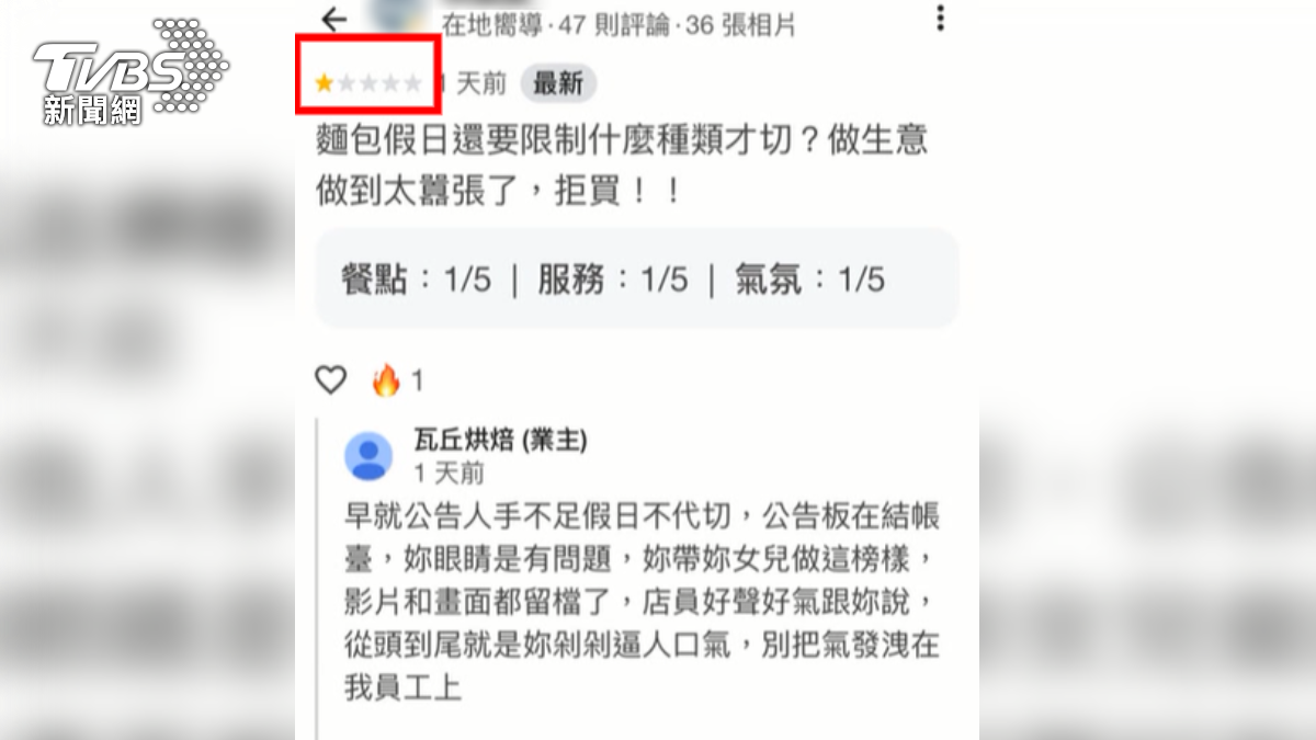 女子當場大罵「爛店」後離去,事後還在Google評論留下一星負評。(圖/TVBS)