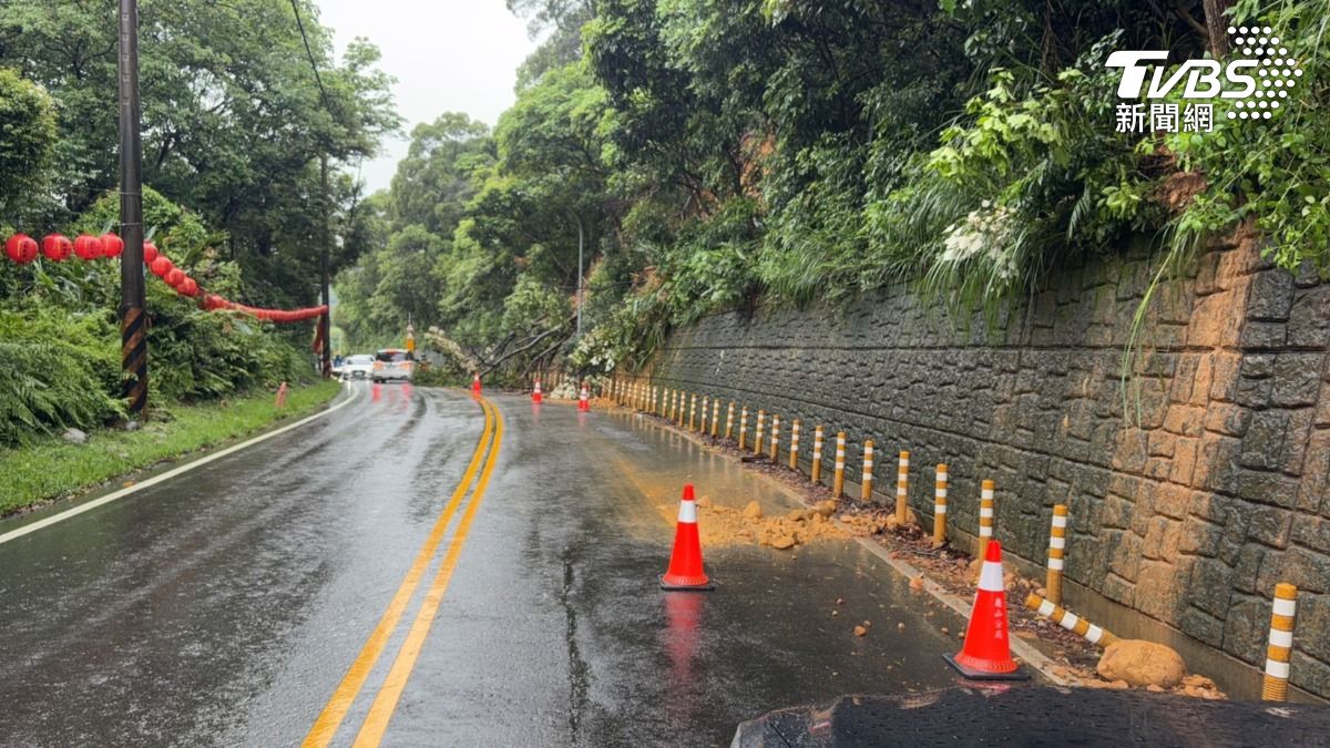 龜山威天宮附近,大樹連同土石滑落,影響道路通行。(圖/TVBS)