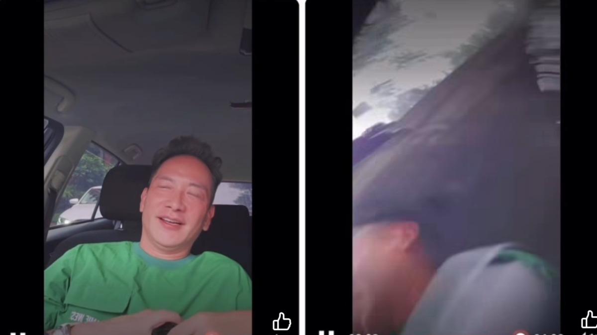 高山峰在停車格內遭後方白車撞擊,手機當場噴飛。(圖/翻攝自臉書)