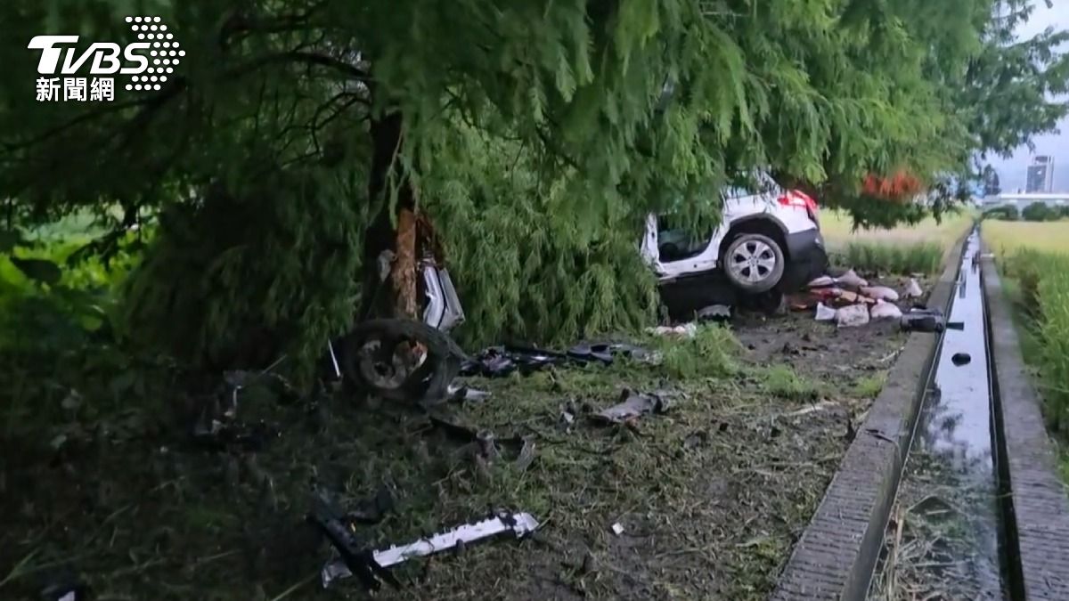 宜蘭一部電動休旅車,疑似失控衝撞欄杆後衝進田裡50公尺,卡在樹木之中,5人受困。(圖/TVBS)
