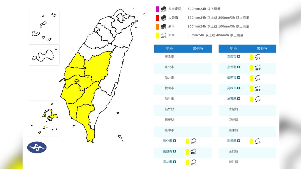 天氣/中南部雨彈開炸!9縣市大雨特報 明起鋒面漸遠離