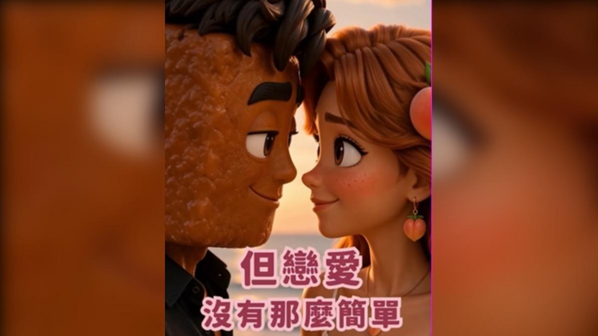 水蜜桃愛上豆干霸總！桃園AI觀光片惹議。（畫面翻攝／樂遊桃園）