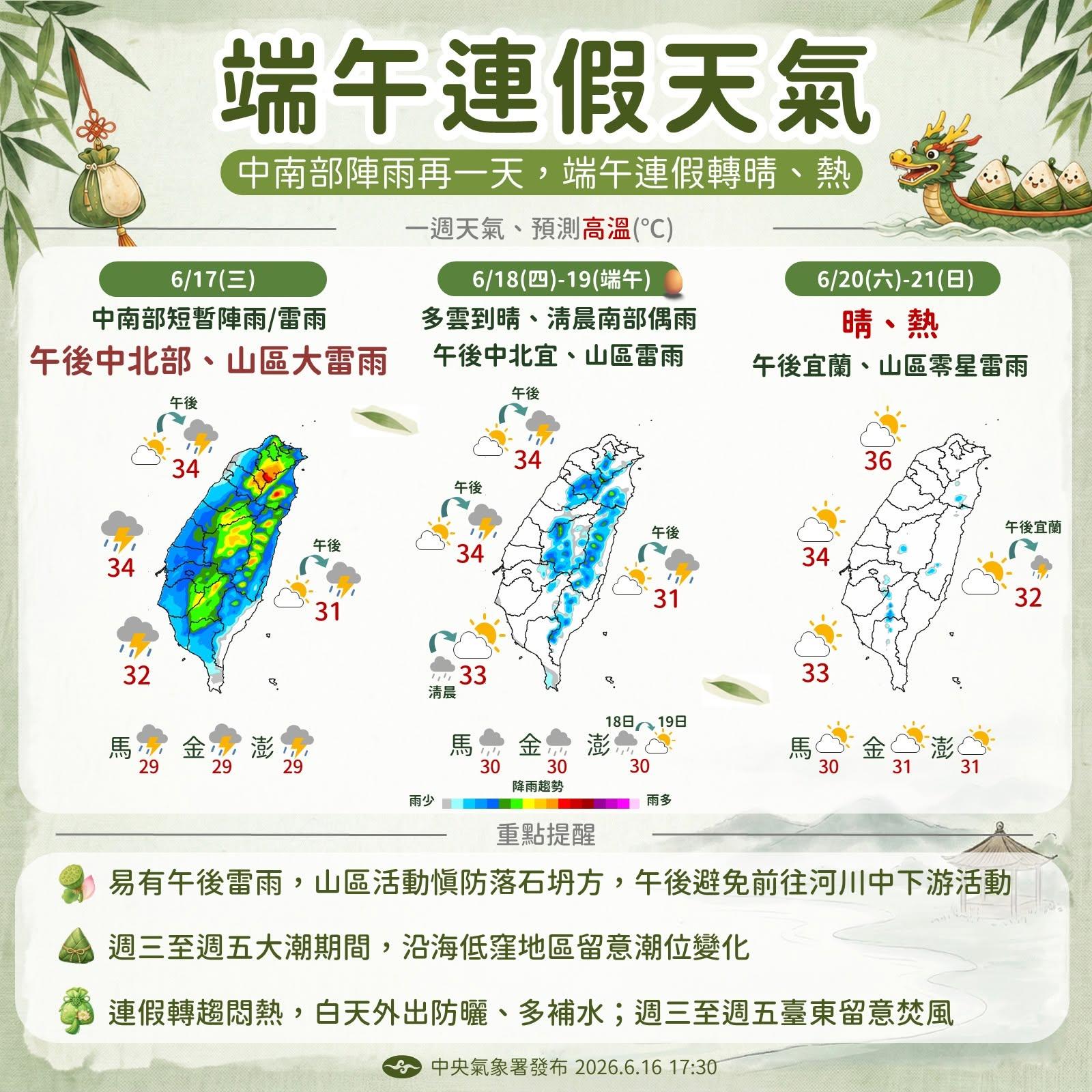 端午連假天氣預報。（圖／中央氣象署）