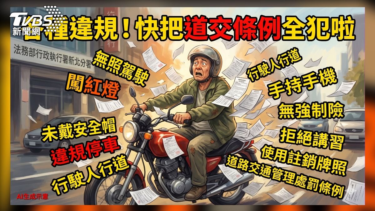 三重40歲男,長期駕駛習慣不良,無照、闖紅燈、騎車滑手機全都來!連吃30張違規罰單。(圖/AI生成示意圖)