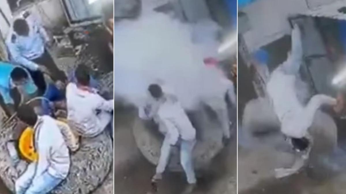 印度一家輪胎行，充氣中的輪胎突然爆炸，波及現場4名男子，1死3傷。（圖／翻攝 YT @behindwoodsnews）