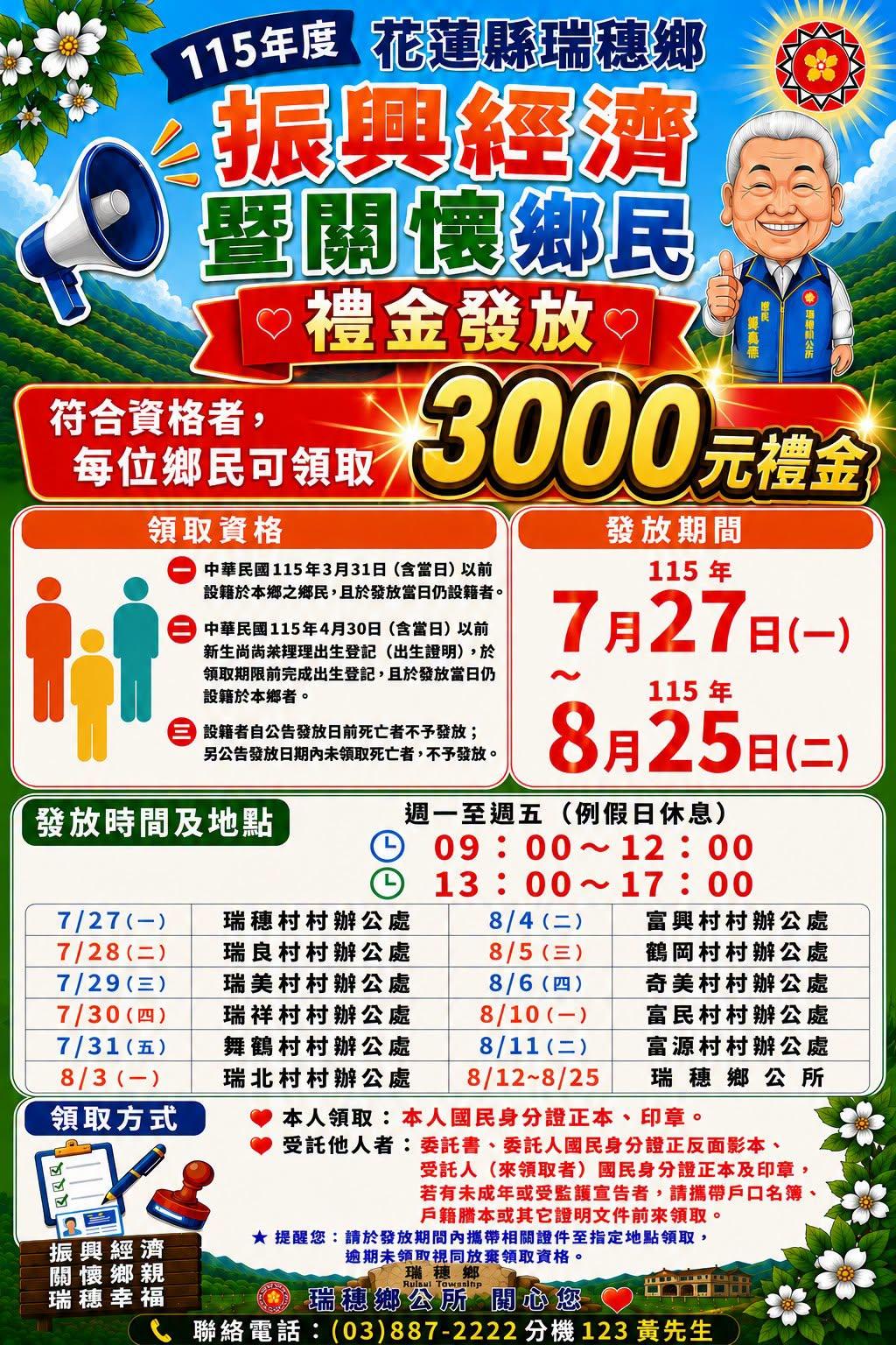 發放時間及地點一次看。(圖/翻攝自臉書@花蓮縣瑞穗鄉公所)