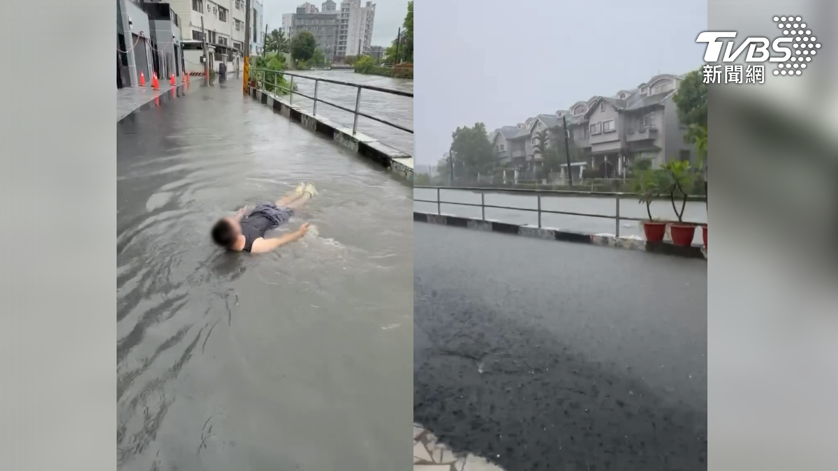 殺蛇溪溢流導致屏東市區道路淹沒,附近民宅進水約30公分,也有居民苦中作樂直接在路上游泳(圖/翻攝 threads@__oo417)