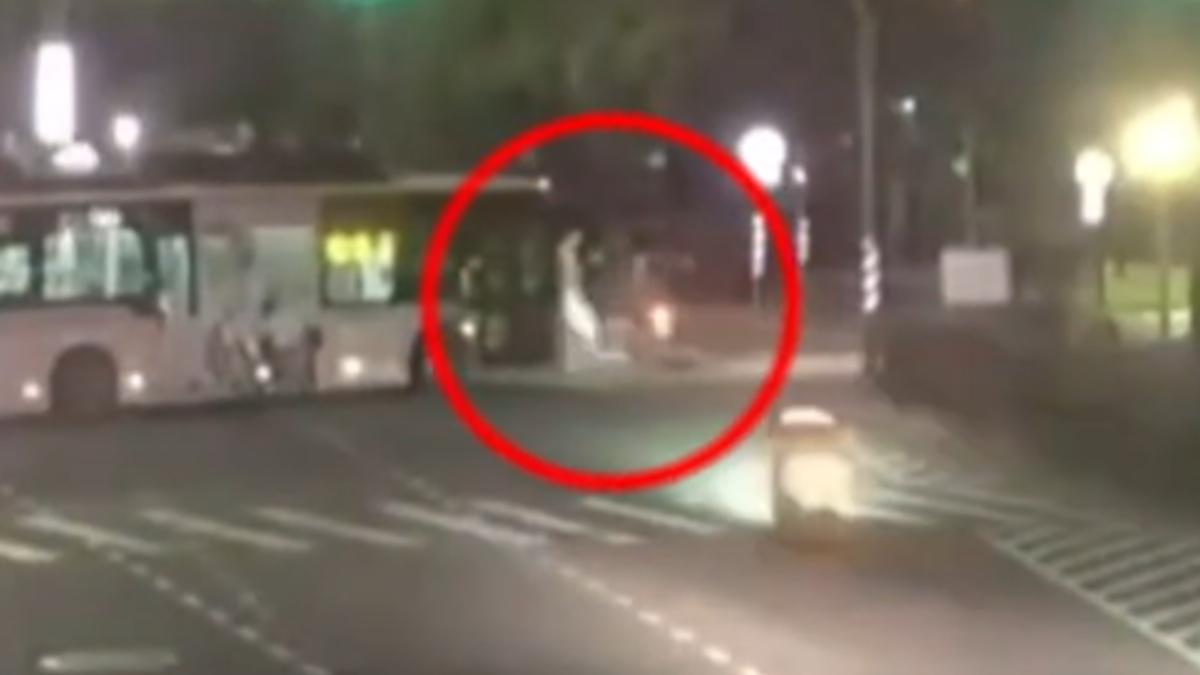 直行的機車騎士被公車擋住視線，撞上闖紅燈的老翁。（圖／TVBS）