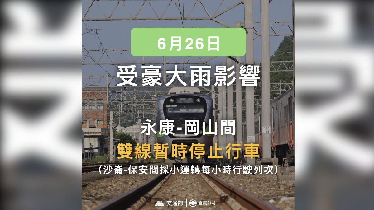 通勤族注意!紫爆超大豪雨淹軌道 台鐵永康=岡山雙線停駛