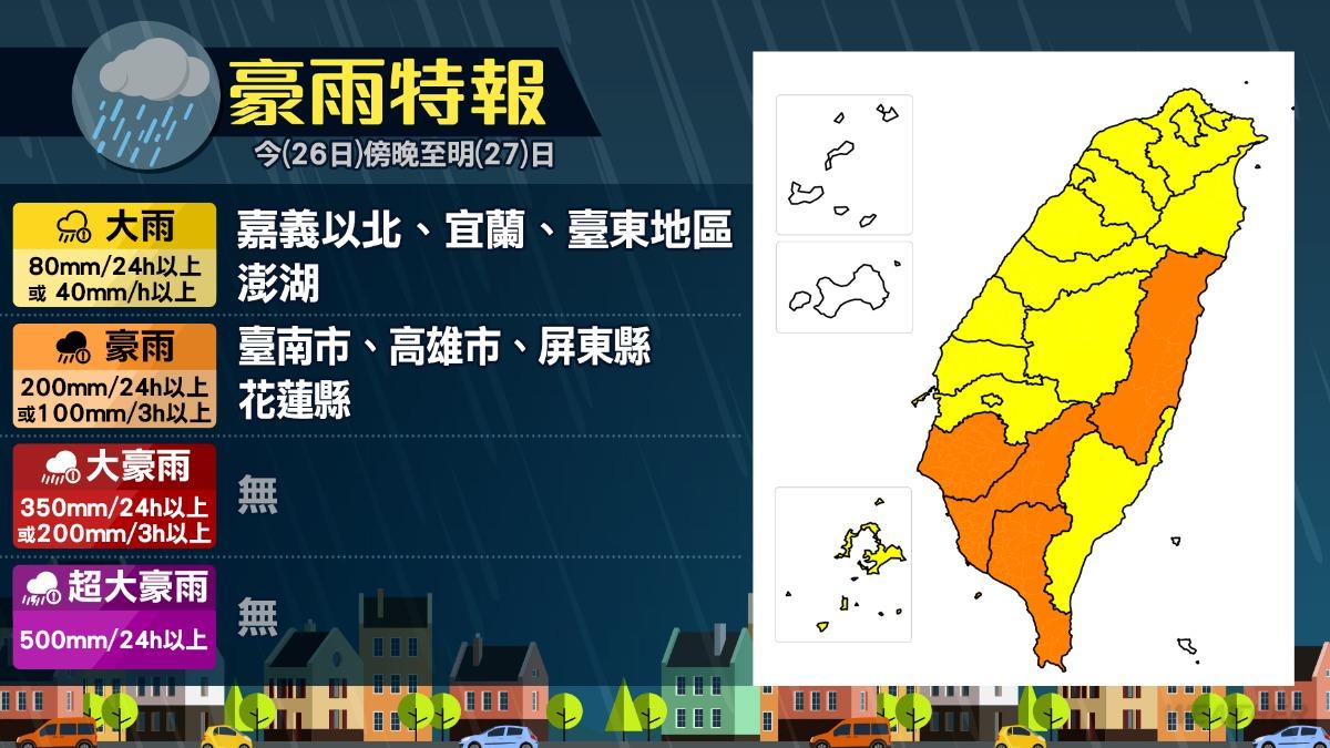 今明（26日至27日）兩天豪雨、大雨地區。（圖／TVBS）