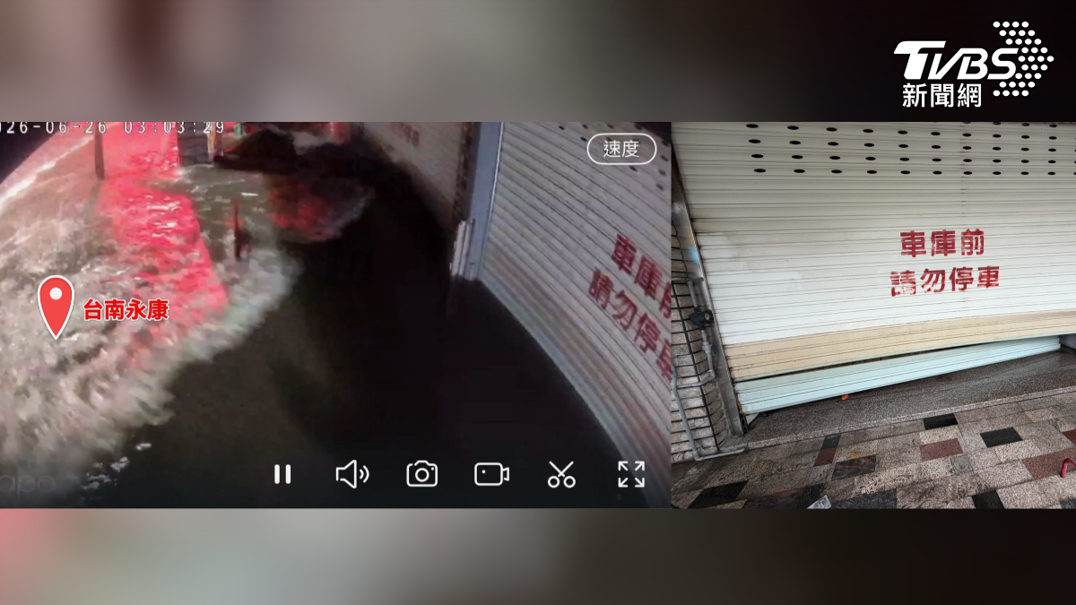 台南永康貨車過水掀巨浪！鐵門被沖凹　業者嘆：損失7萬起跳（圖／TVBS）
