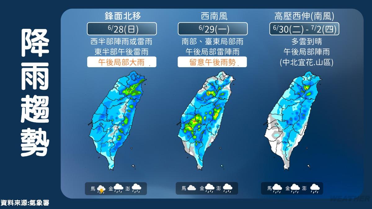 下週降雨地區，各地須留意午後「短暫雷陣雨」。（圖／TVBS）