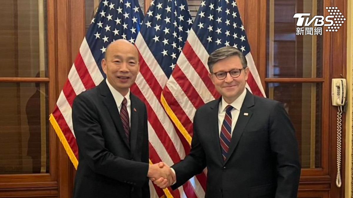 共和黨籍眾議院議長強生高規格接見立法院長韓國瑜,駐美代表俞大㵢亦陪同在側。(圖/TVBS)