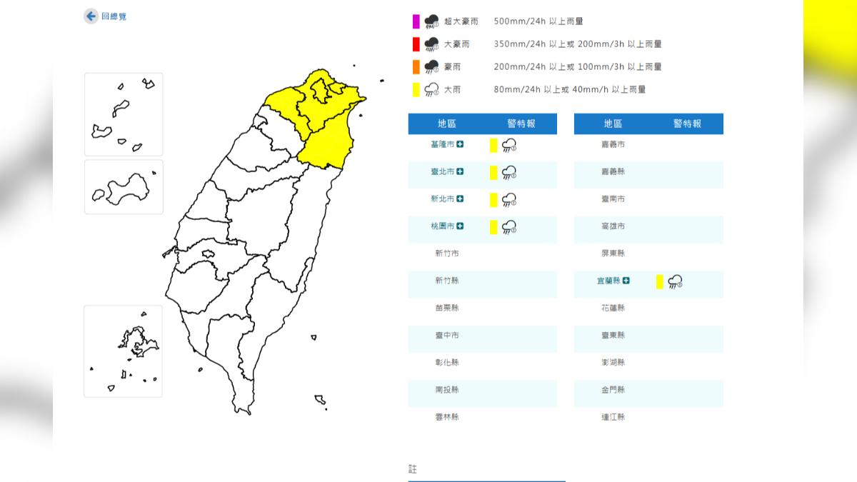快訊／雨彈轟不停！「北北基桃宜」大雨特報