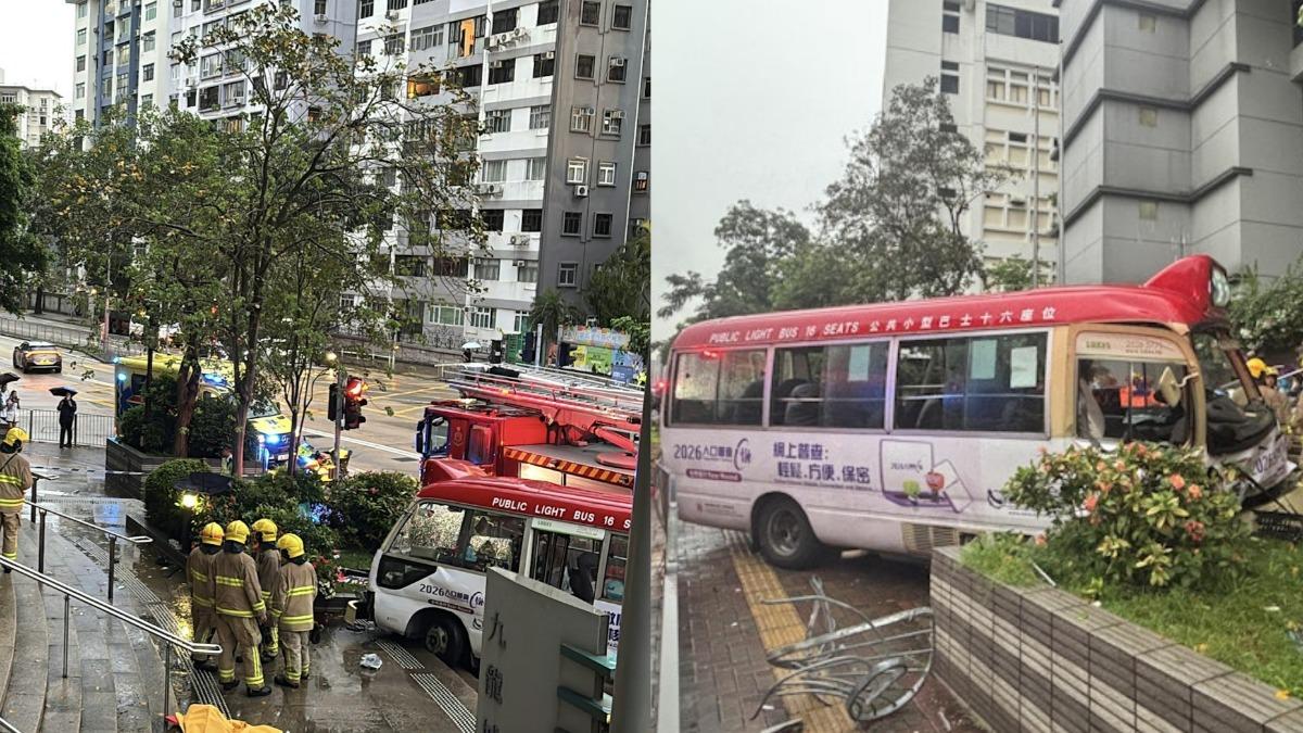 香港九龍城嚴重車禍!小巴失控衝人行道「車頭全毀」 釀1死17傷