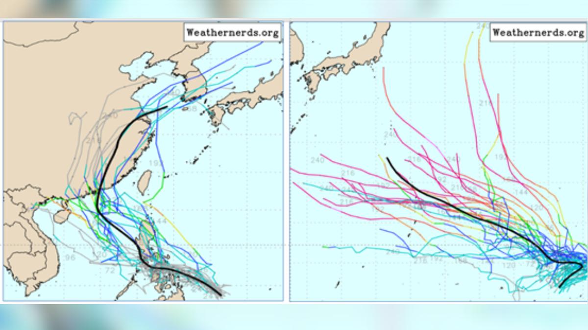 吳德榮表示，關島東方（右圖）、菲律賓東方至南海一帶（左圖）各有熱帶擾動發展。（圖／翻攝自「洩天機教室」）
