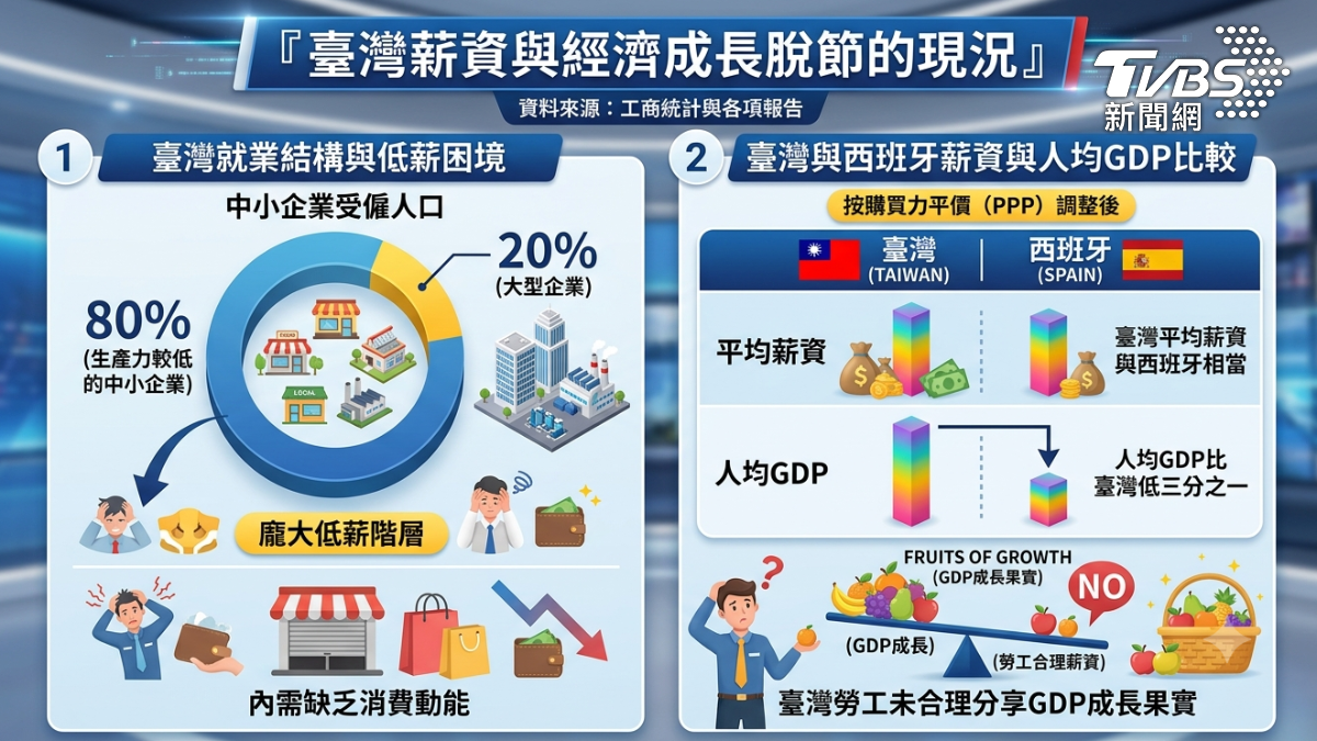 台灣勞工未合理分享GDP成長果實。(圖／TVBS)