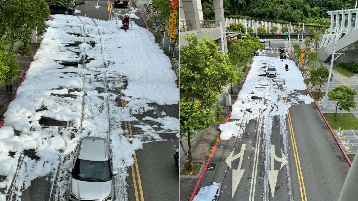 快訊/下雪了?南港站外「消防泡沫管線破裂」 馬路一片雪白