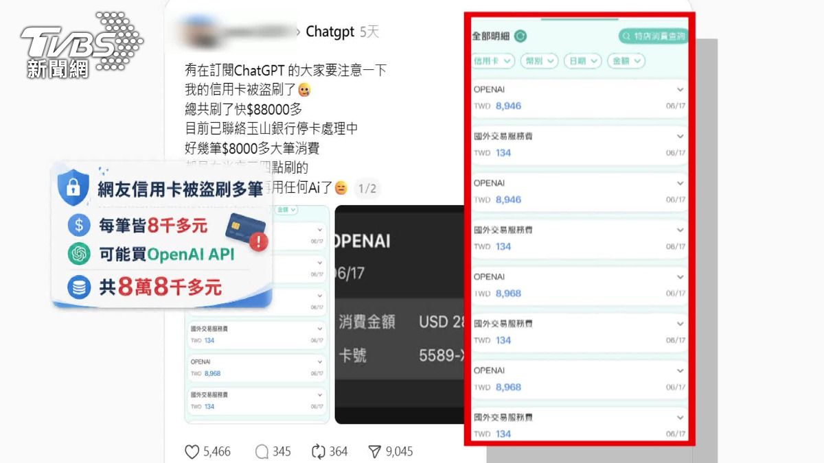 有網友表示在半夜被盜刷好幾筆八千多元。(圖/來源Threads@peiw_0220)