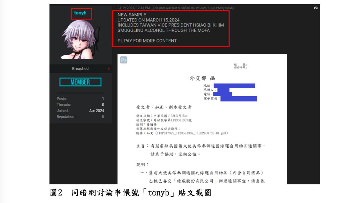 監察院指出，疑似中國駭客攻擊外交部取得機密文件，並放上暗網兜售。（圖／翻攝監察院調查報告）