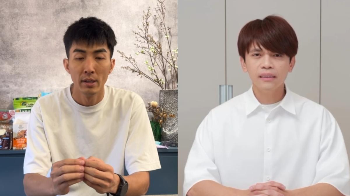 蔡阿嘎(右)、Dodoman穿著YTR道歉必備白T。(圖/薩泰爾娛樂提供)