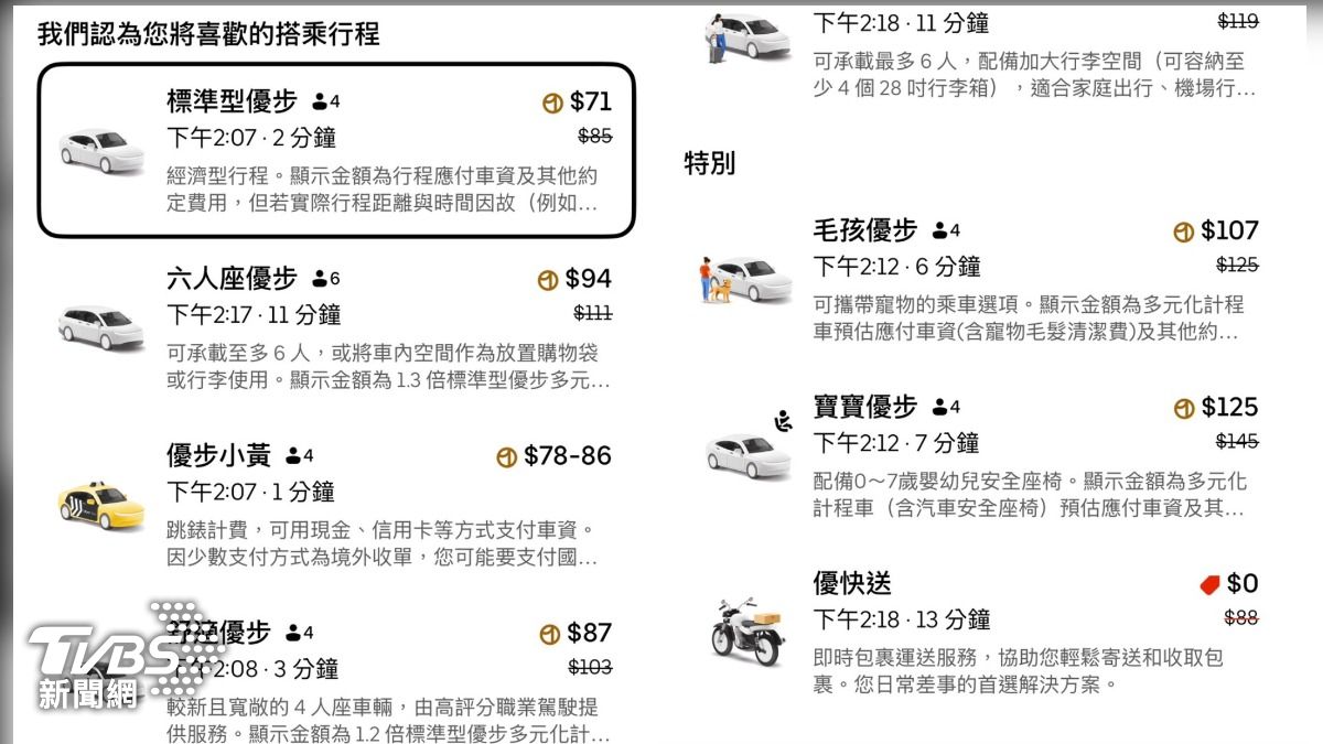 下午2時選好地址要叫車時，也未有機車載客選項可以點擊。（圖／陳昫蓁翻攝）