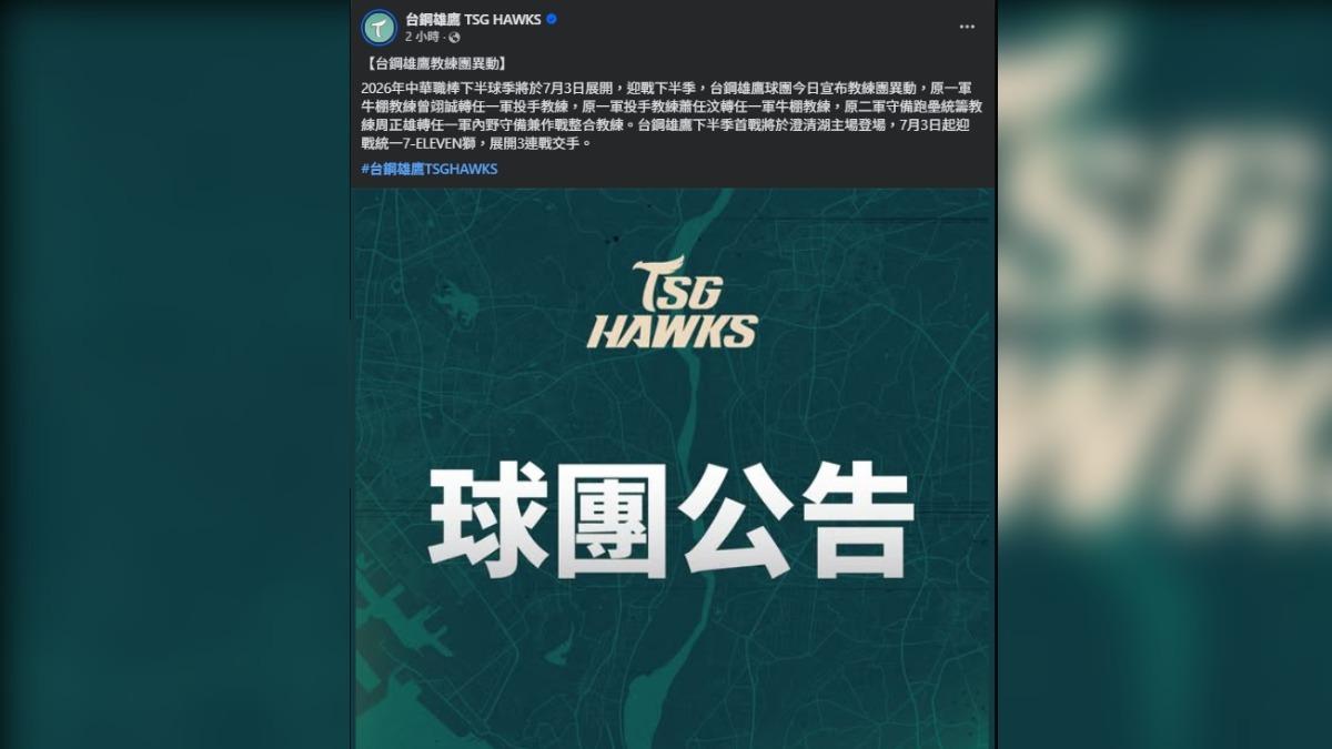 中職／下半球季7/3開打！台鋼雄鷹「教練團異動」　首對戰統一獅