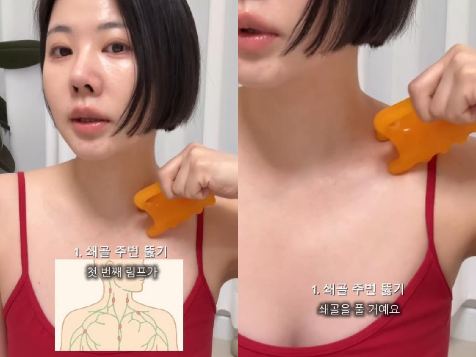 首先，先放鬆鎖骨周圍肌肉，有助於後續按摩更加順暢。（圖／翻攝自＠kangminchae IG）