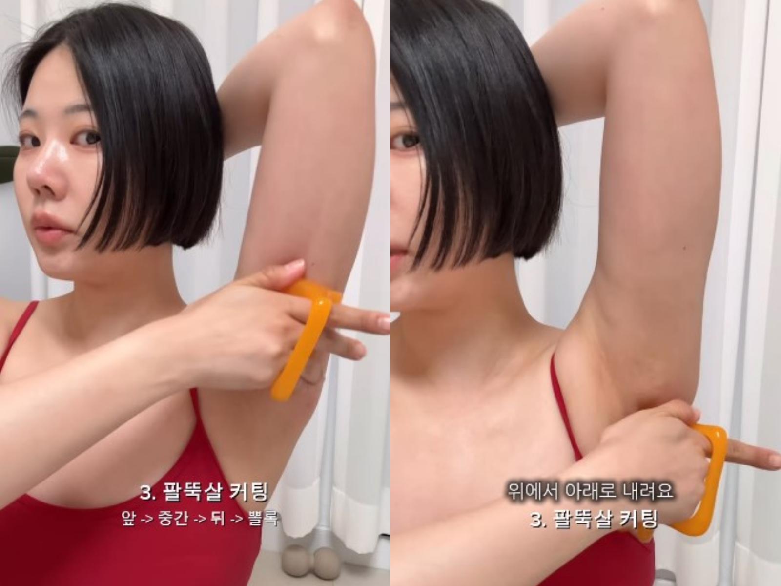 接著以按摩梳順著手臂線條由下往上按摩，幫助雕塑手臂線條。（圖／翻攝自＠kangminchae IG）