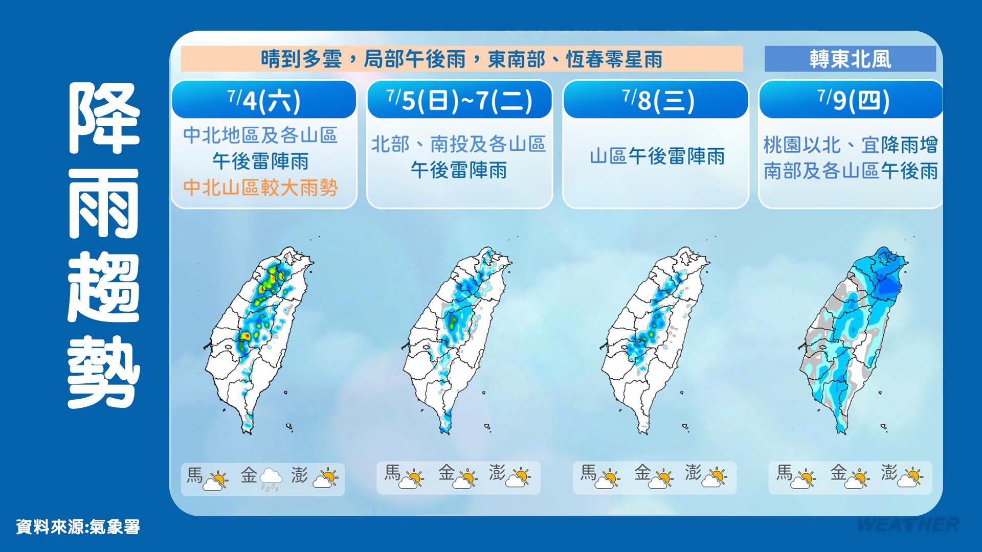 好天氣大致維持至下週三,下週四起天氣變化大。(圖/氣象署)