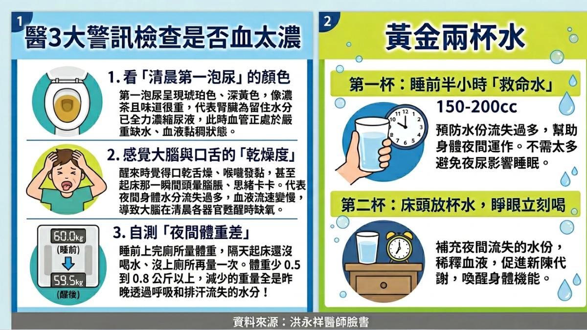 腎臟科醫師洪永祥分享3個簡單自我檢測方法,及「黃金2杯水」補水法。(圖/AI製圖)