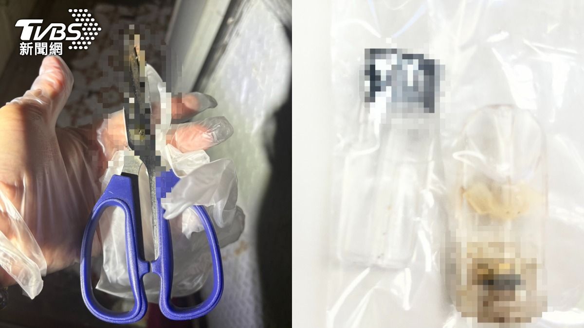 除犯案用剪刀外，警方還從女子身上搜出毒品。（圖／TVBS）