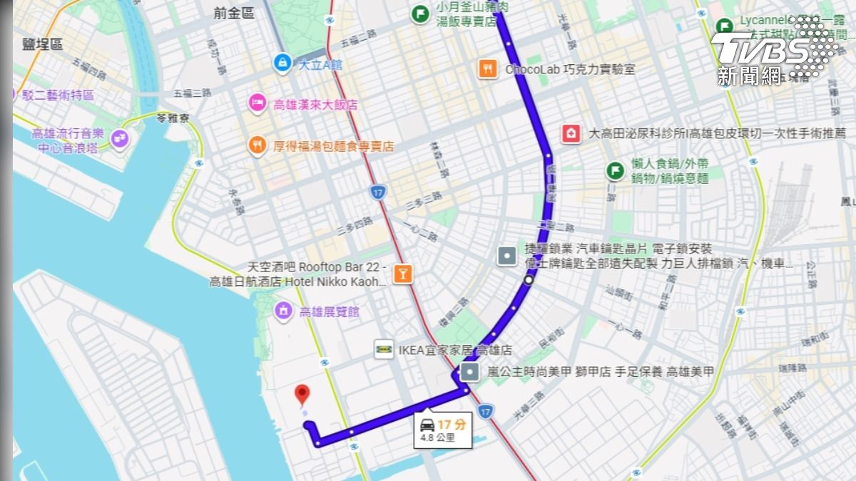GOOGLE導航,要前往高雄新開幕的美式賣場,但目的地卻導航到台電南部火力發電廠(圖/翻攝google地圖)