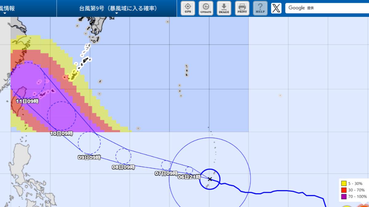 日本氣象廳預估台灣北部進入暴風圈的機率達70%至100%。(圖/翻攝自日本氣象廳)