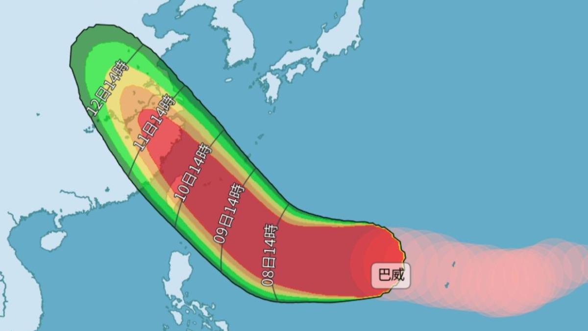 巴威颱風的暴風圈可能到達時間及機率。(圖/中央氣象署)