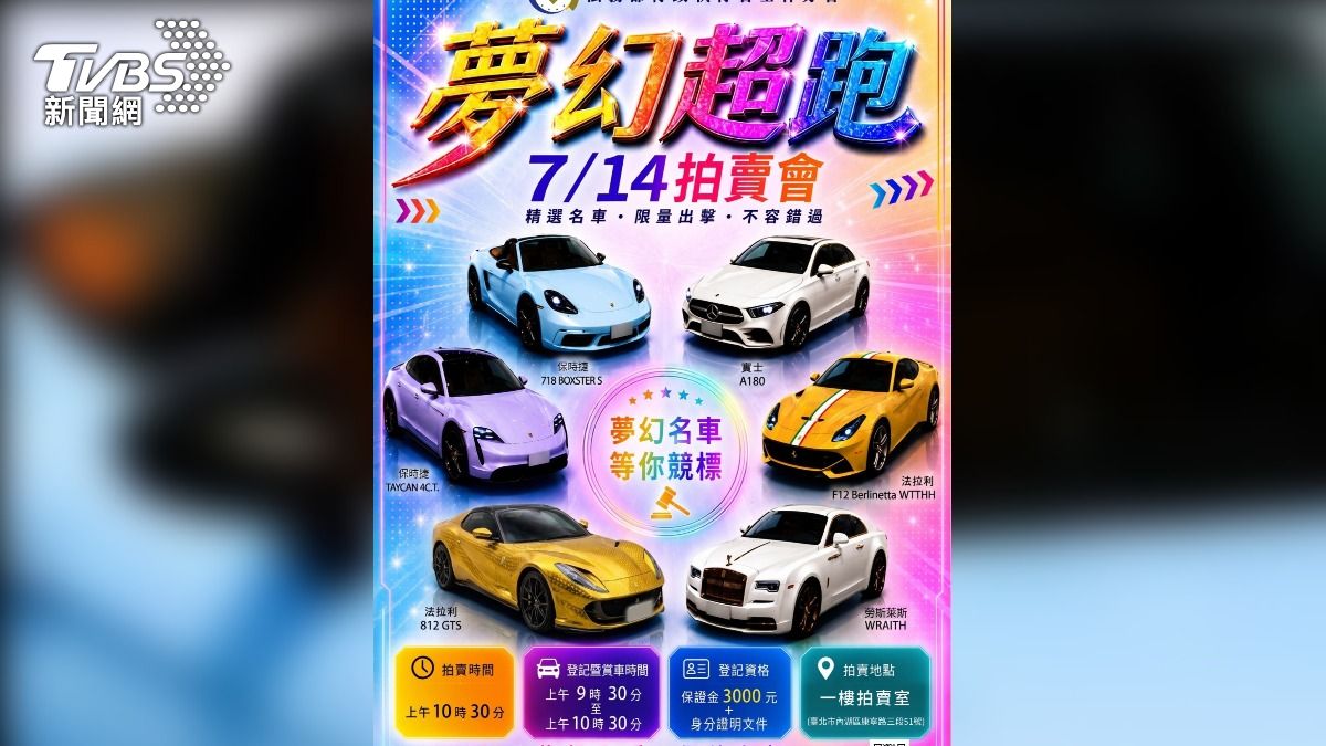士林分署將拍賣聖石金業查扣的6輛超跑豪車。（圖／TVBS）