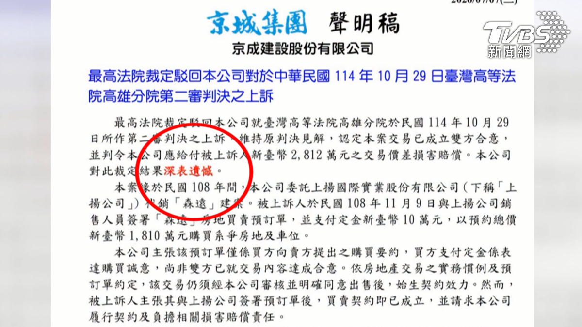 建商公司於7日發表聲明,對於這次判決深表遺憾(圖/TVBS)