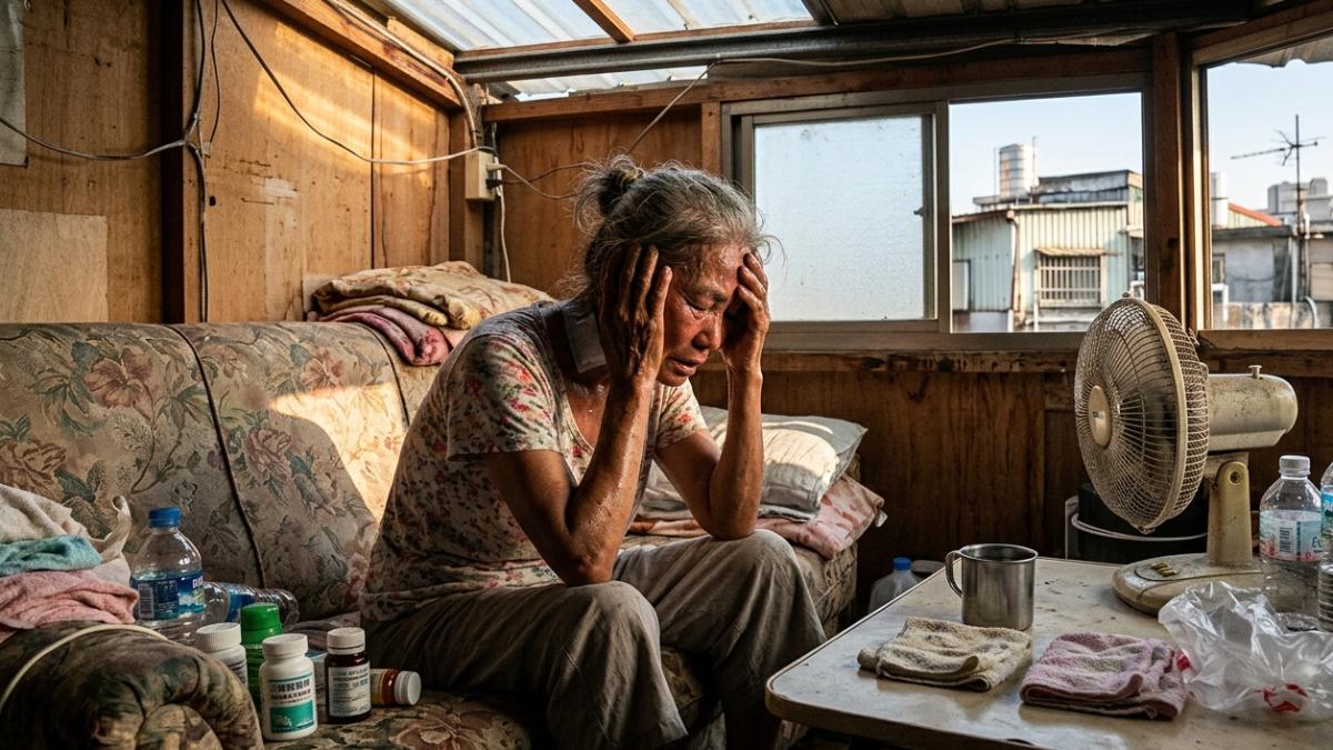 一名82歲的獨居奶奶住在頂樓加蓋、沒有冷氣的房子，導致熱中暑併發急性腎損傷。（示意圖，非當事人／AI生成）