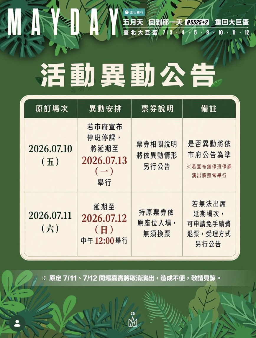 五月天大巨蛋演唱會,因應颱風而有所變動。(圖/翻攝自相信音樂臉書)
