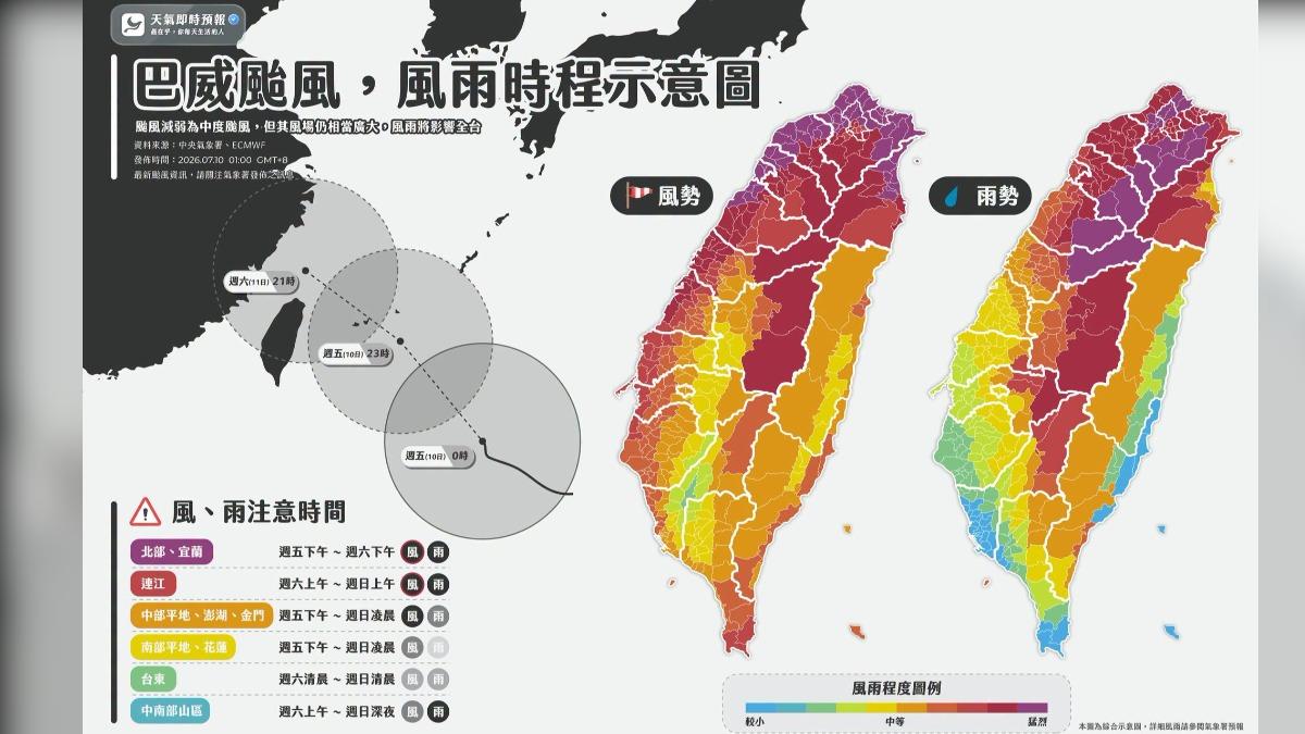 巴威颱風移動速度變慢,影響時間恐比預期長。(圖/翻攝自天氣即時預報臉書
