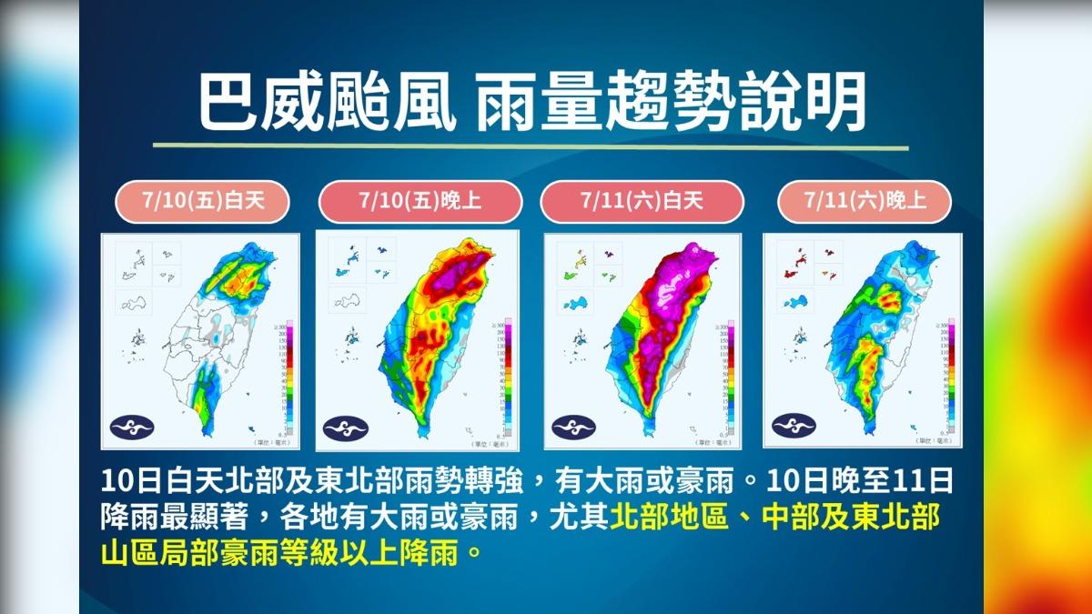 巴威颱風雨量趨勢。(圖/翻攝自氣象署)
